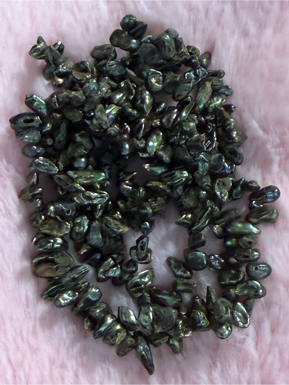 Green Peacock Keshi Pearl Necklace Iridescent Keshi Pearls 23”
